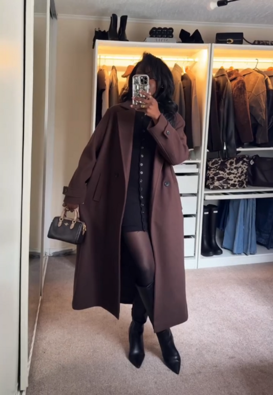 Chocolate Brown Double - Breasted Maxi Wool Coat