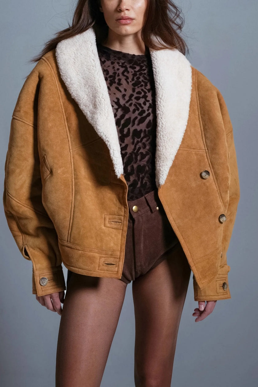 Tan Suede Shearling - Lined Cropped Jacket with Oversized Collar