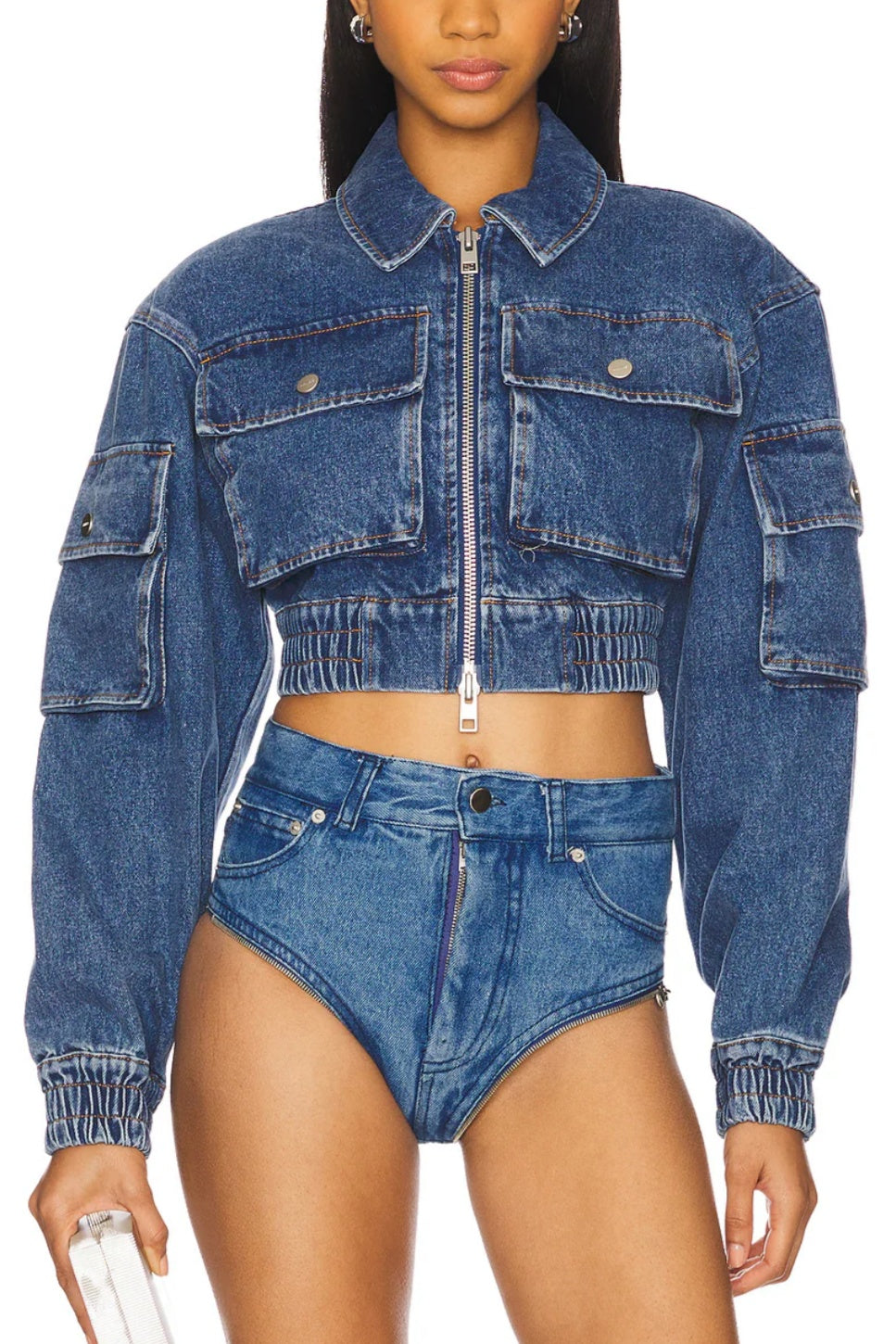 Blue Denim Cropped Cargo Jacket with Multiple Pockets