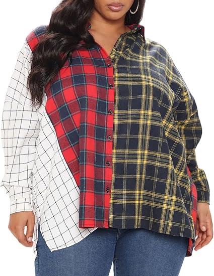 Womens Button Down Plaid Shirts Lapel Long Sleeve Oversize Blouse Fall Winter Casual Business Work Tops