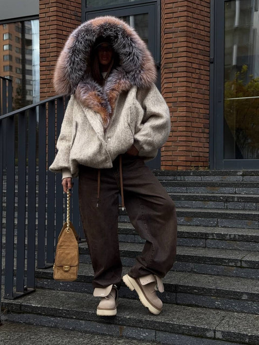 Beige Oversized Knit Jacket with Multi - Tone Faux Fur Lined Hood