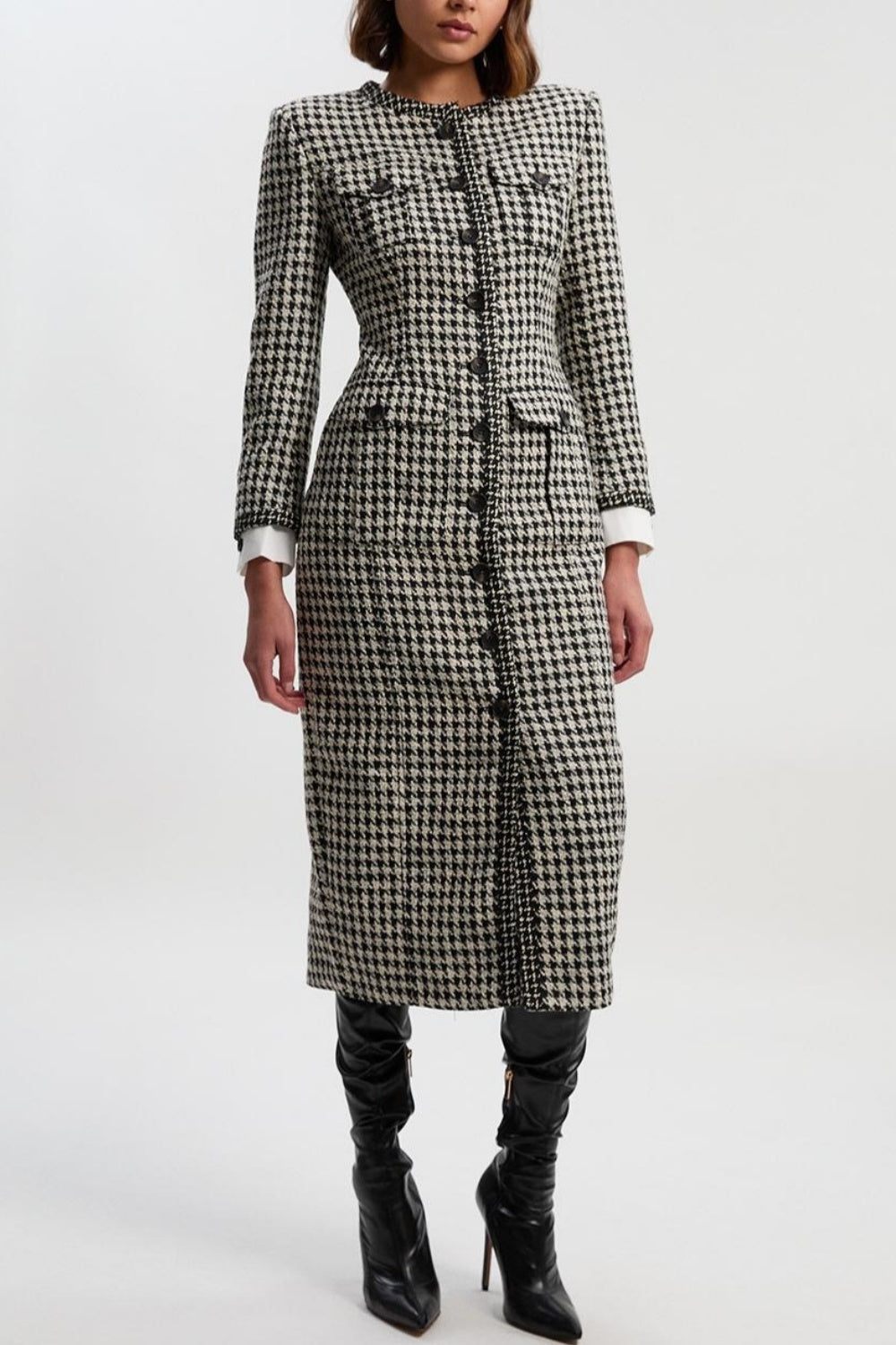 Black and White Houndstooth Tweed Midi Coat Dress with Structured Shoulders