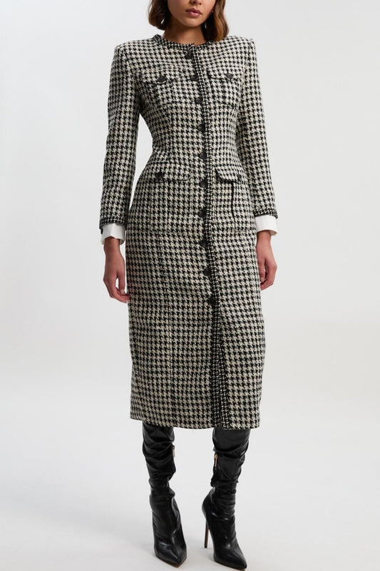 Black and White Houndstooth Tweed Midi Coat Dress with Structured Shoulders
