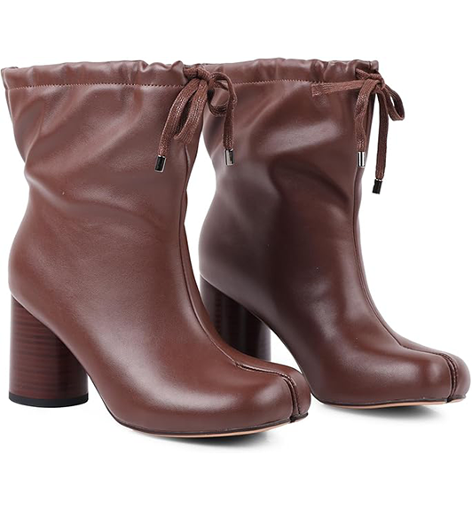 Women's Tabi Split Toe Ankle Boots - Faux Leather Drawstring Block Heel Booties