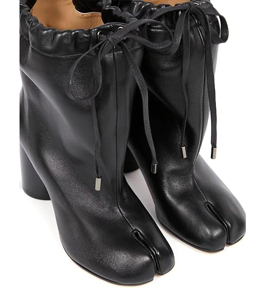Women's Tabi Split Toe Ankle Boots - Faux Leather Drawstring Block Heel Booties