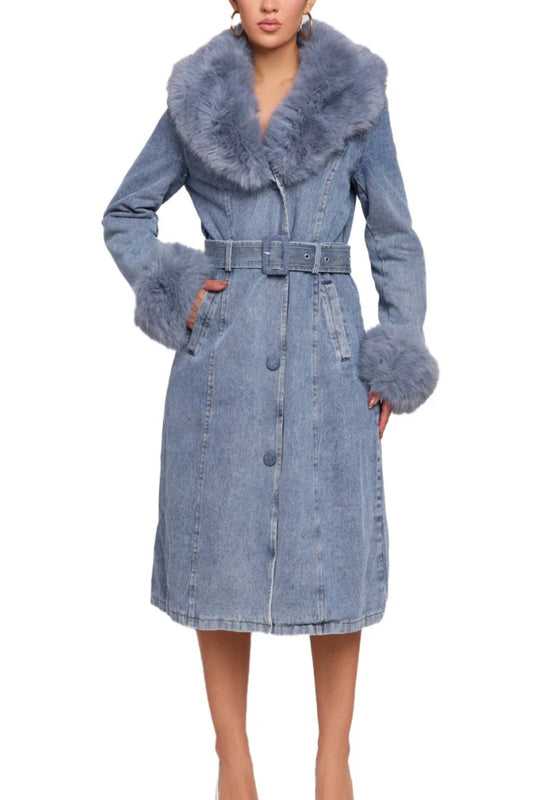 Snowfall Denim Faux Fur Trim Coat