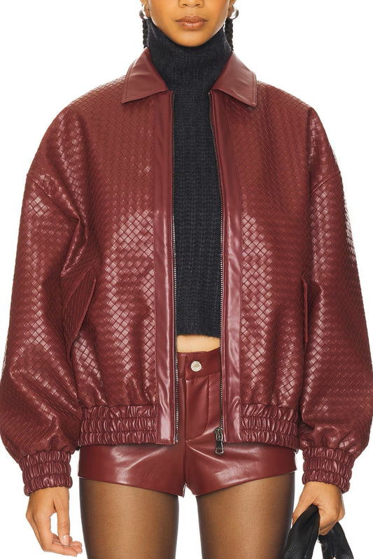 Burgundy Woven Faux Leather Oversized Bomber Jacket