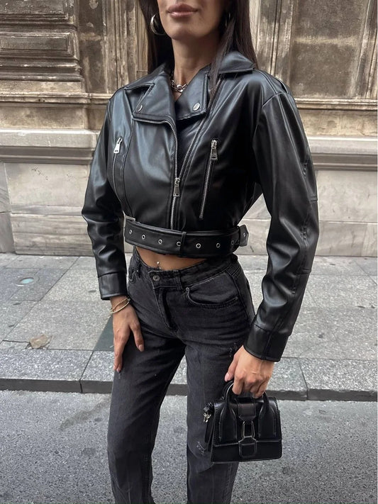 Black Faux Leather Cropped Moto Jacket with Eyelet Belt