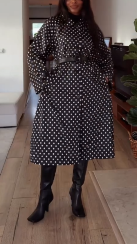 Black and White Polka Dot Oversized Trench Coat with Belted Waist