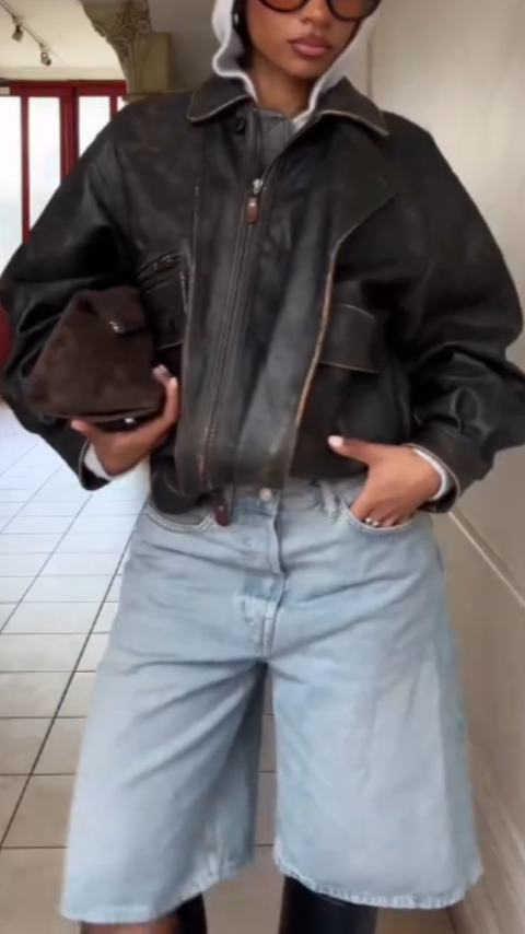 Black Vintage Leather Bomber Jacket with Oversized Silhouette