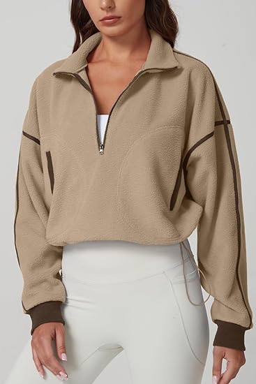 Cropped Half-Zip Fleece Pullover with Contrast Stitching