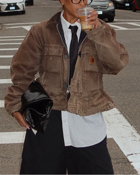 Vintage Washed Brown Denim Jacket with Distressed Details