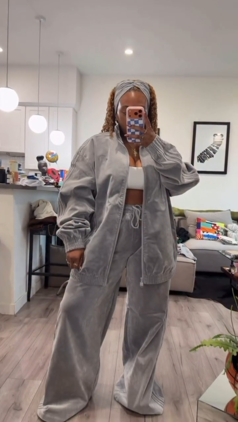 Grey Velour Oversized Track Jacket and Wide-Leg Pants Set