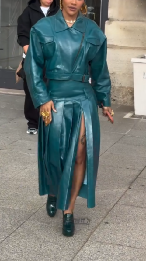 Teal Faux Leather Cropped Jacket and Pleated Midi Skirt Set with Statement Details