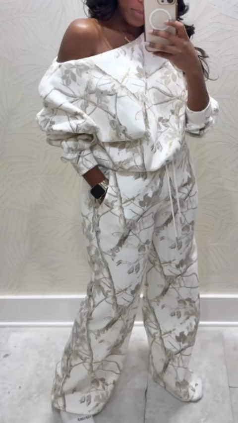 Floral Print Off-Shoulder Sweatshirt and Wide-Leg Pants Set