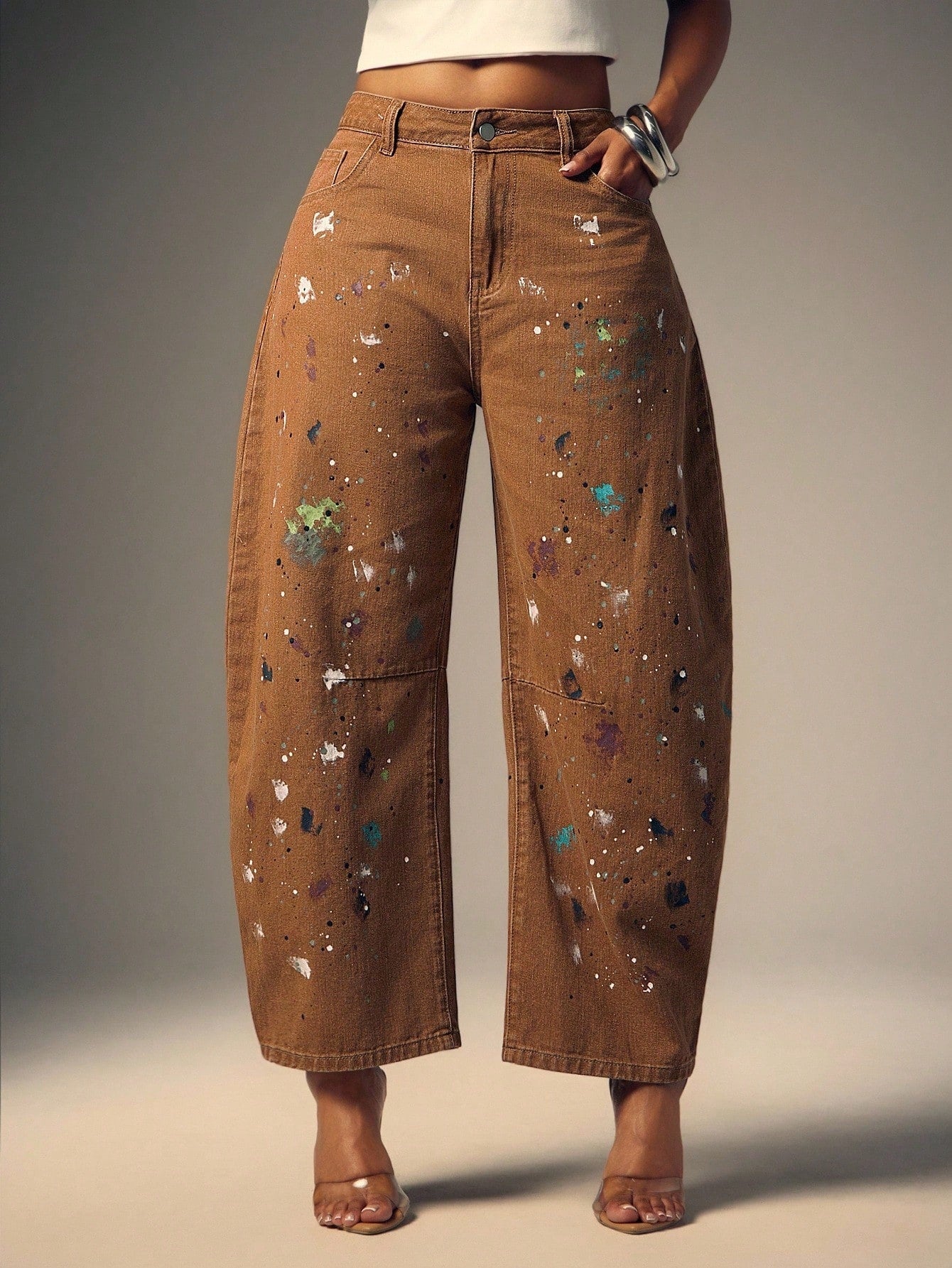 Artistic Paint-Splattered Wide-Leg Denim Pants