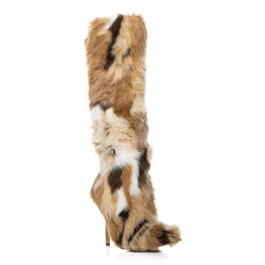 Multi-Tonal Fur Over-The-Knee Stiletto Boots