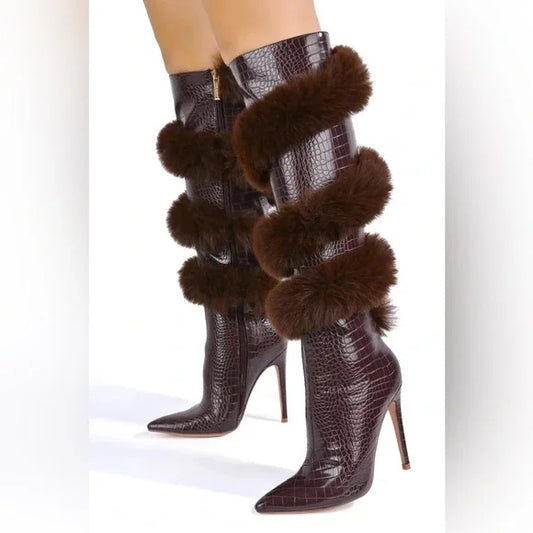 Croc-Embossed Over-The-Knee Stiletto Boots with Detachable Fur Cuffs