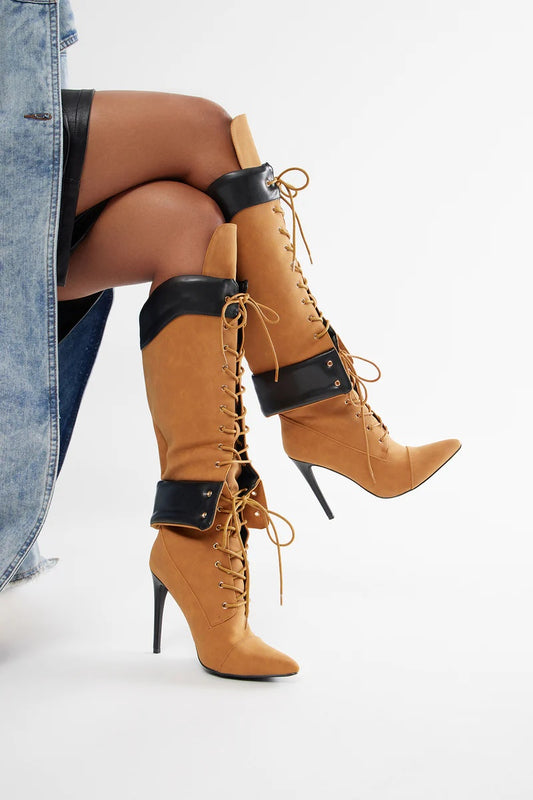 Two-Tone Lace-Up Over-The-Knee Stiletto Boots