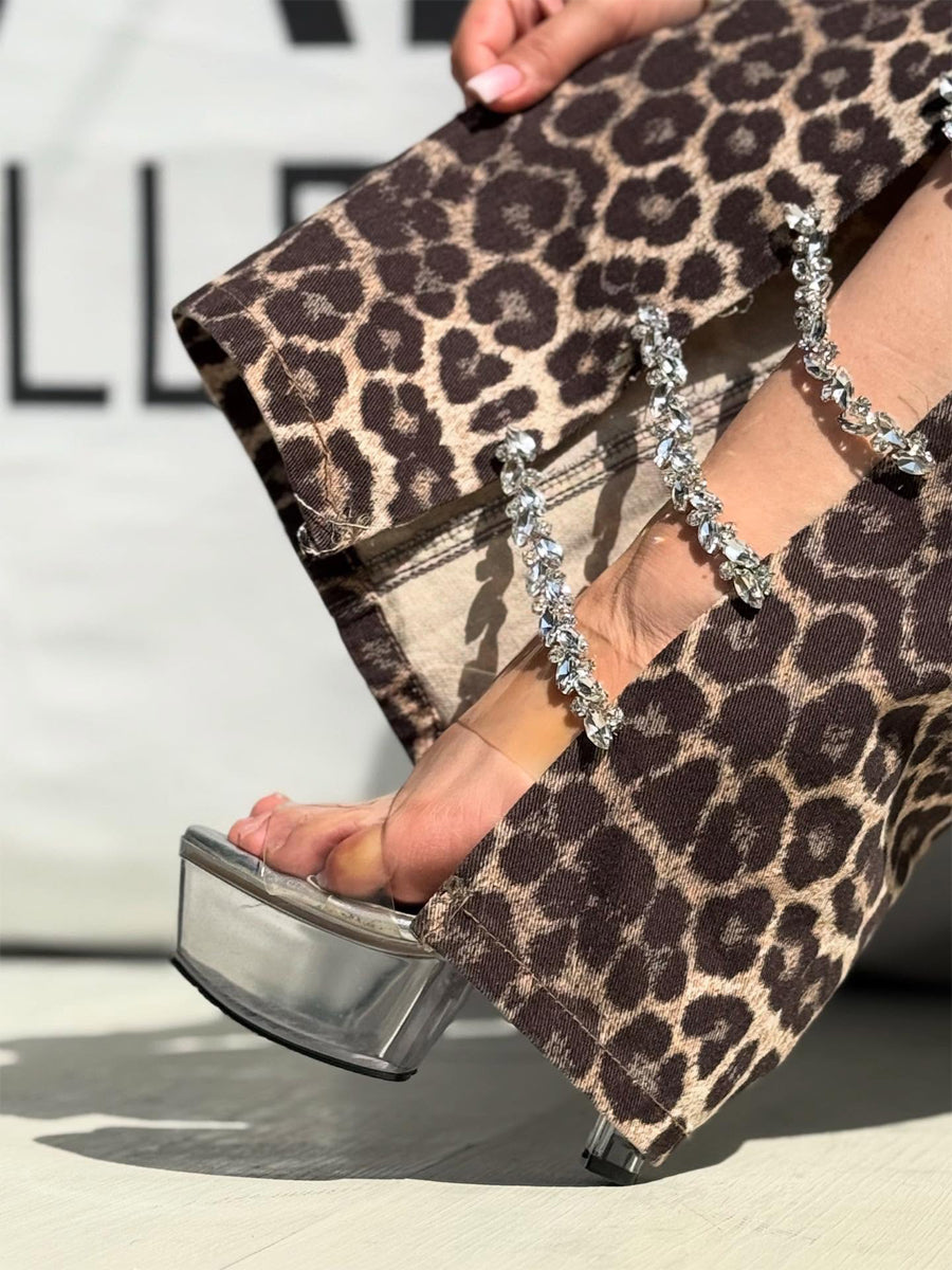 Rhinestone Sparkle Leopard-Print Wide-Leg Pants