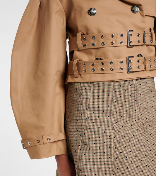 Tan Cropped Trench Jacket with Double Buckle Belt and Structured Shoulders