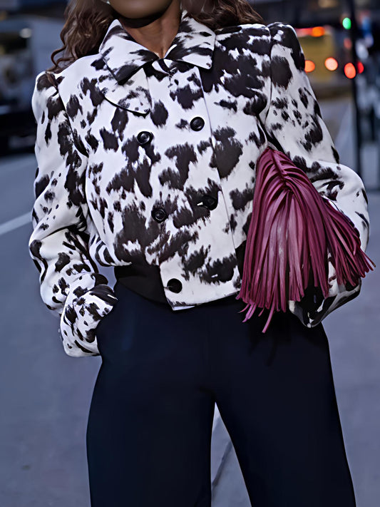 Black and White Spotted Faux Fur Cropped Double - Breasted Jacket