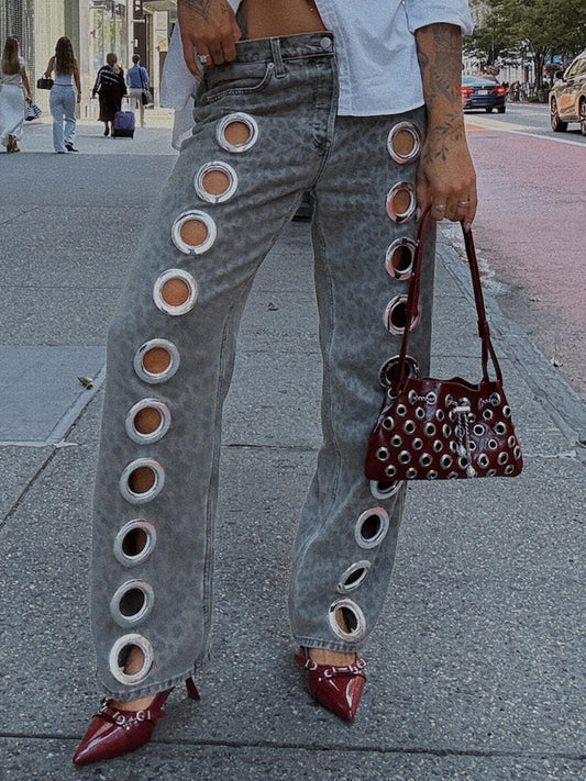 Women's Grey Distressed Denim Jeans with Circular Cut - outs