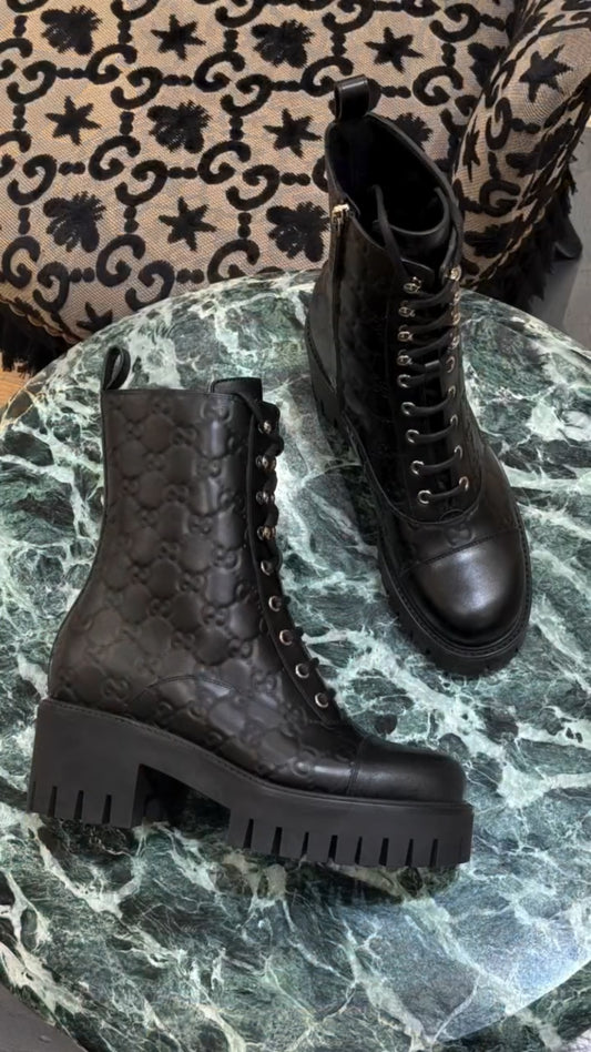 Black Embossed Logo Lace - Up Platform Ankle Boots