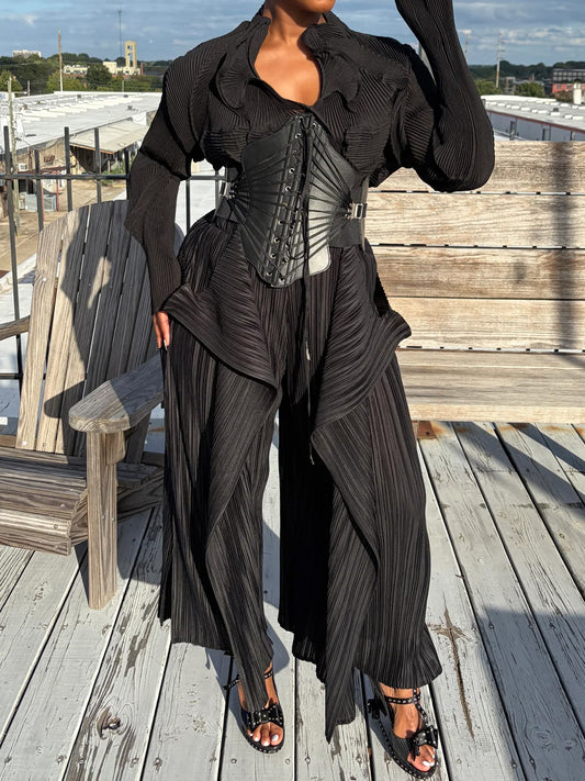 Black Pleated Gothic - Style Ensemble with Corset