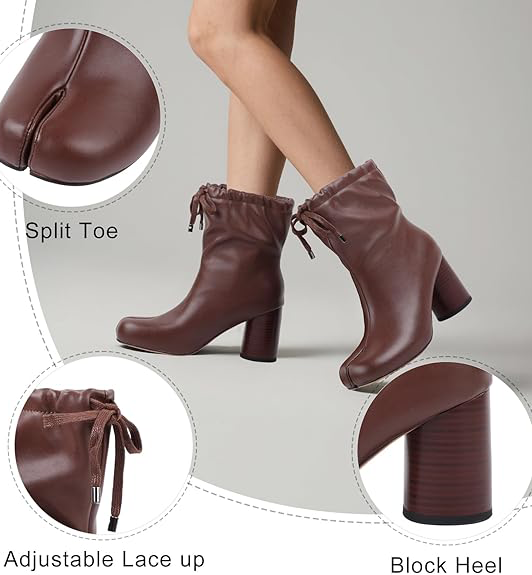 Women's Tabi Split Toe Ankle Boots - Faux Leather Drawstring Block Heel Booties