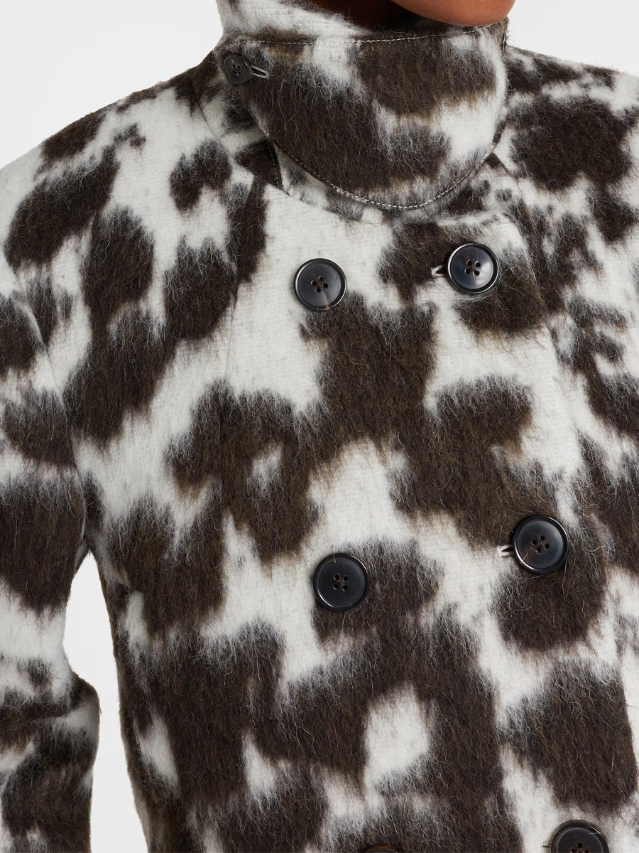 Black and White Spotted Faux Fur Cropped Double - Breasted Jacket