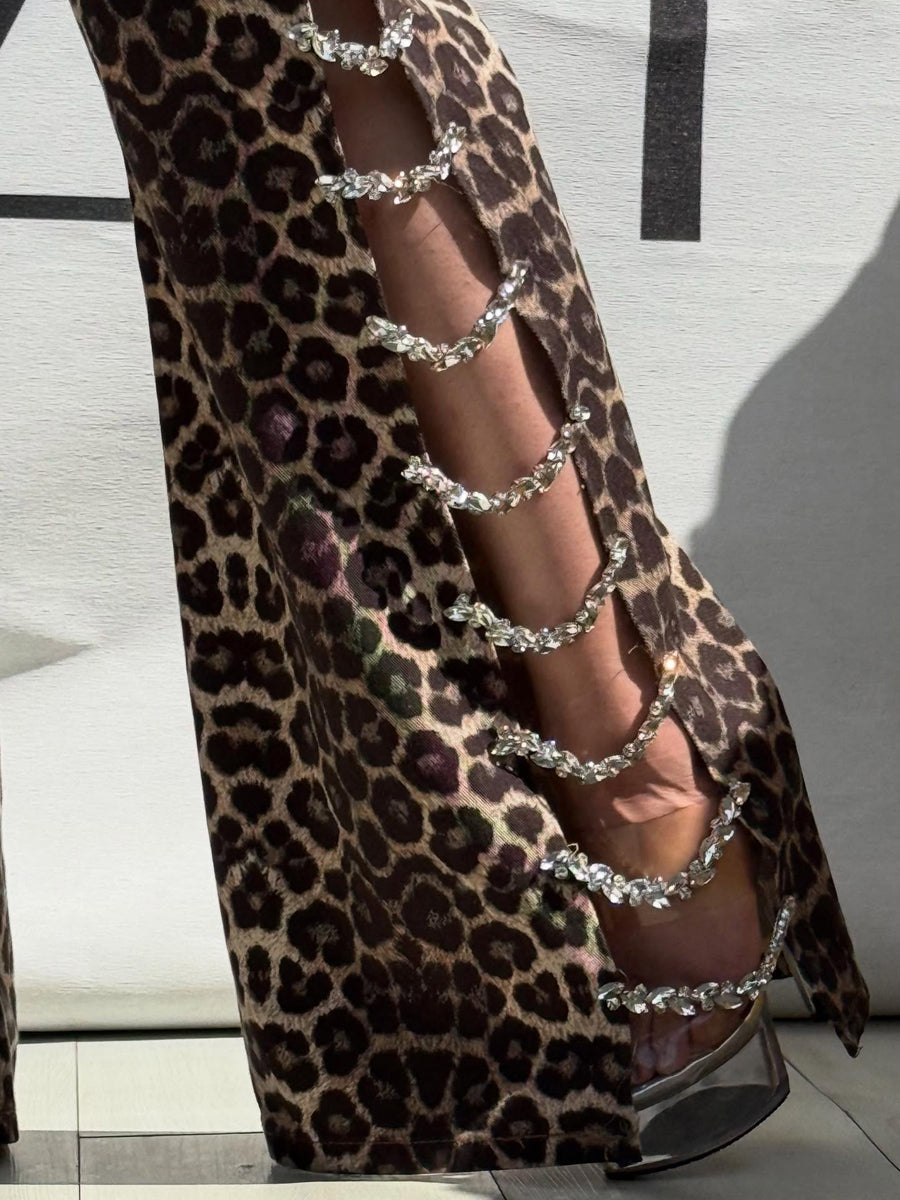 Rhinestone Sparkle Leopard-Print Wide-Leg Pants