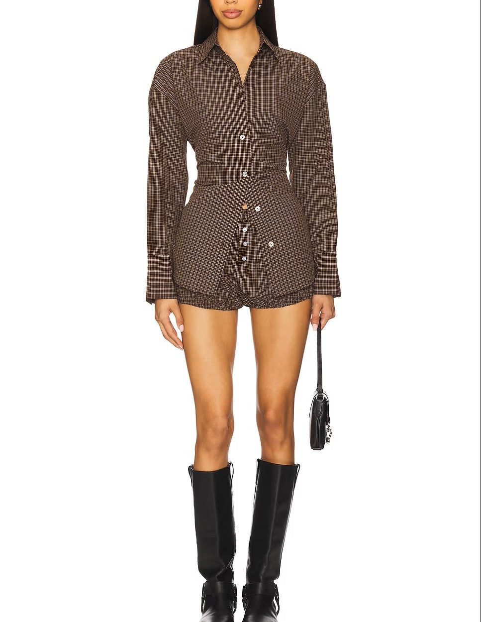 Brown Plaid Shirt Jacket with Back Lace - Up Waist Detail