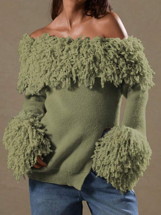 Knitted Skew Neck Tassels Top