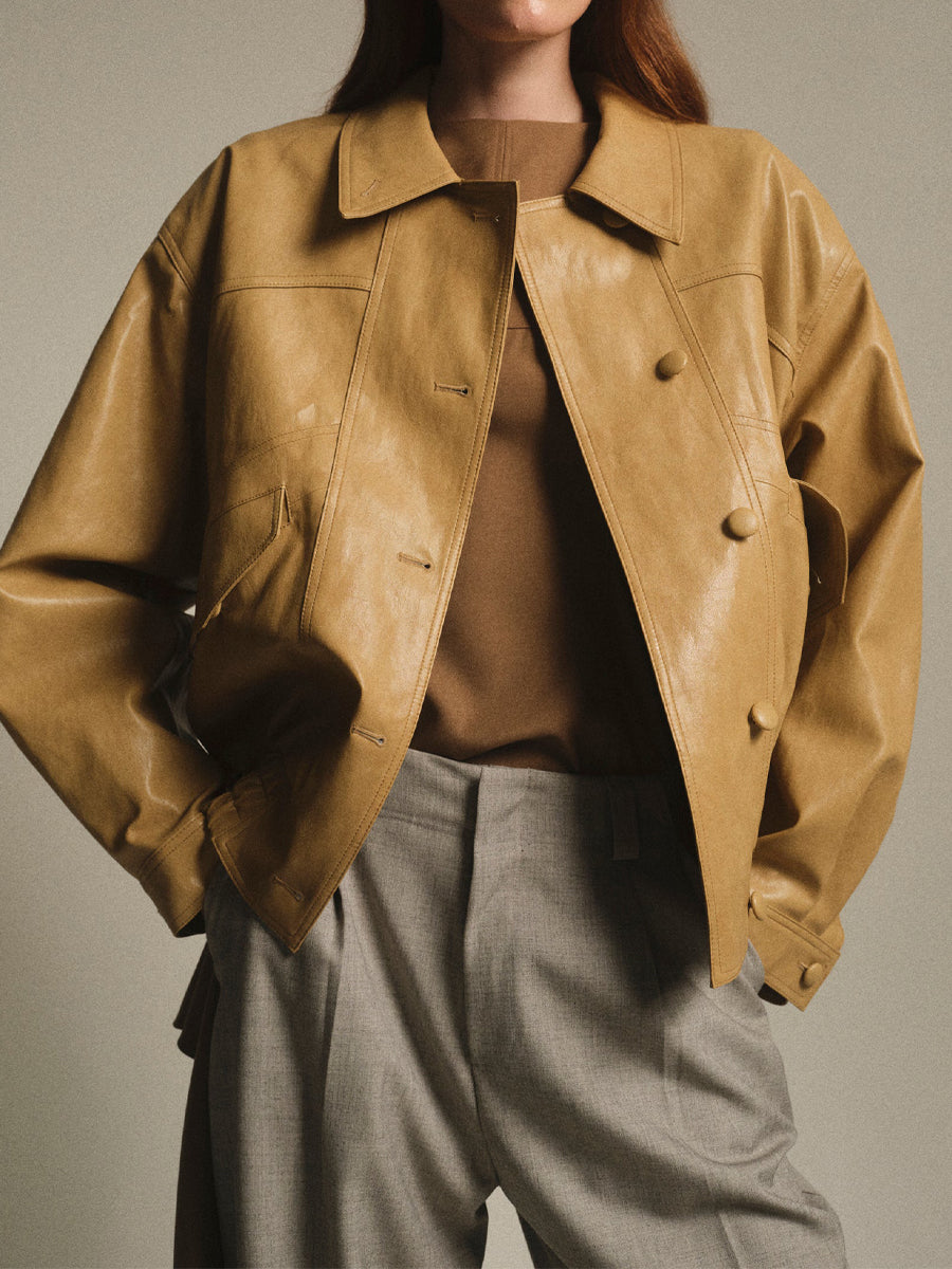 PU Dropped Shoulders Stand Collar Jacket