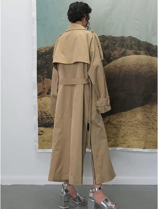 Fashion women's trench coat lapel loose single-breasted contrast color printing long trench coat women autumn