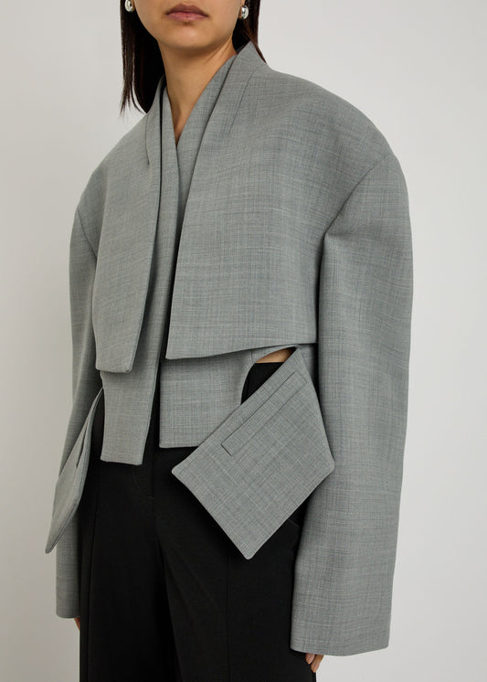 Grey Asymmetric Cropped Blazer with Architectural Cutouts