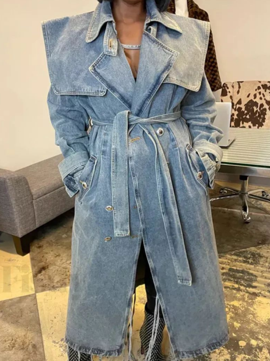 Light Wash Denim Trench Coat with Oversized Collar and Belted Waist