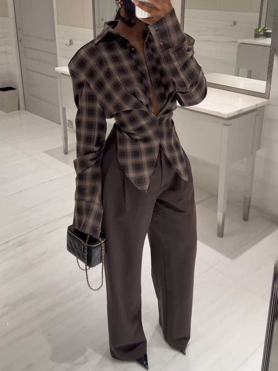 Women's Plaid Twisted Front Structured Shoulder Shirt