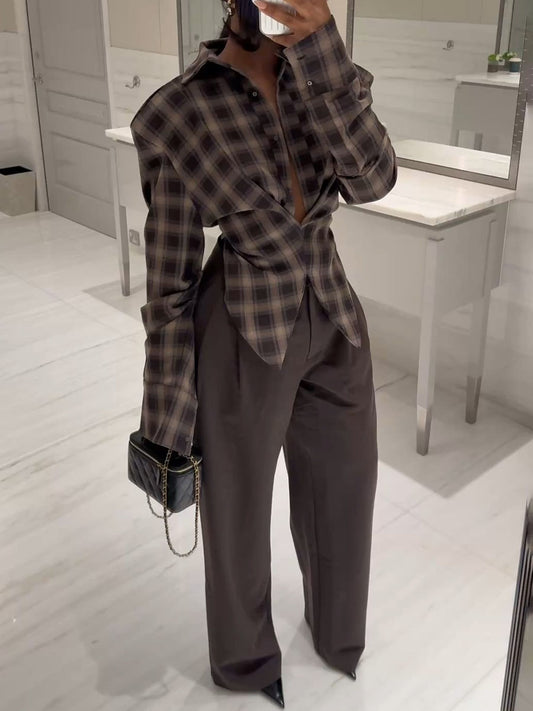 Women's Plaid Twisted Front Structured Shoulder Shirt