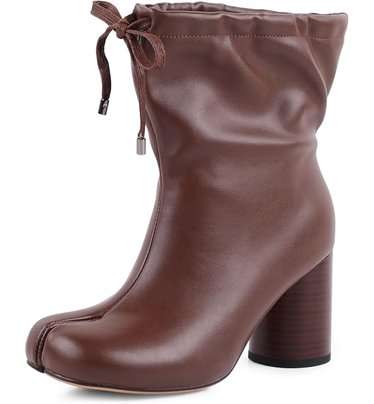 Women's Tabi Split Toe Ankle Boots - Faux Leather Drawstring Block Heel Booties