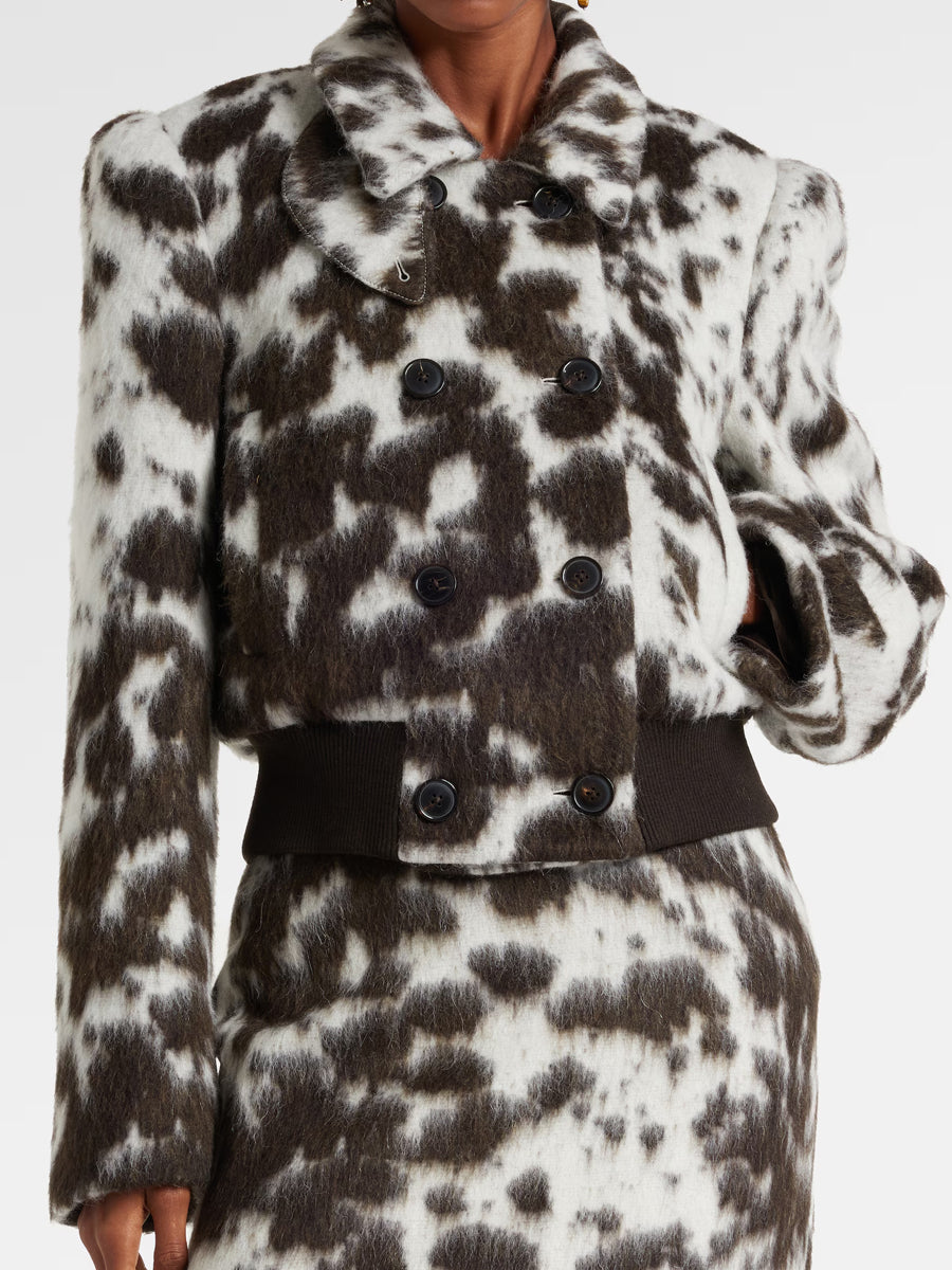 Black and White Spotted Faux Fur Cropped Double - Breasted Jacket