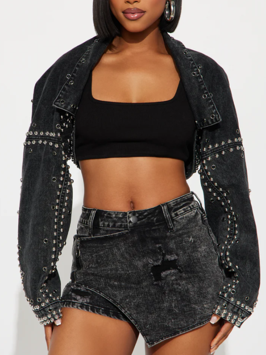 Studded Embellished Denim Cropped Jacket