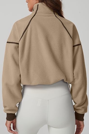 Cropped Half-Zip Fleece Pullover with Contrast Stitching