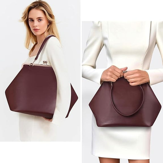 Large Women's Kiss Lock Bag PU Medium Top Handle Handbags Kiss Clasp Shoulder Bags Tote Purse Messenger Clutch