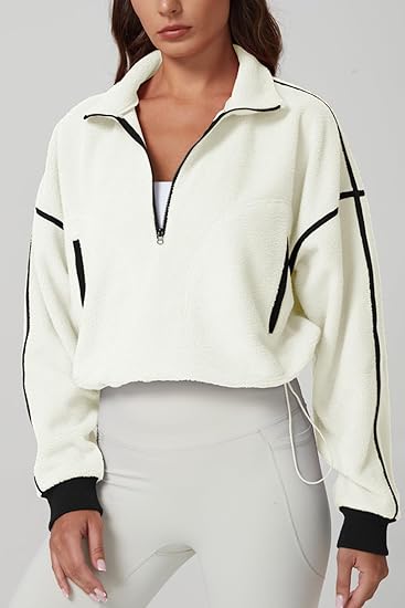 Cropped Half-Zip Fleece Pullover with Contrast Stitching