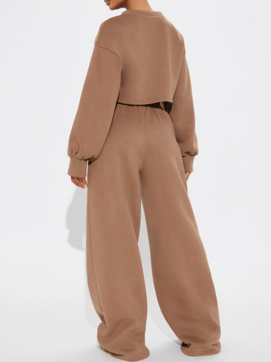 Women's Brown Cropped Sweatshirt and Wide-Leg Pants Set with Black Stripes