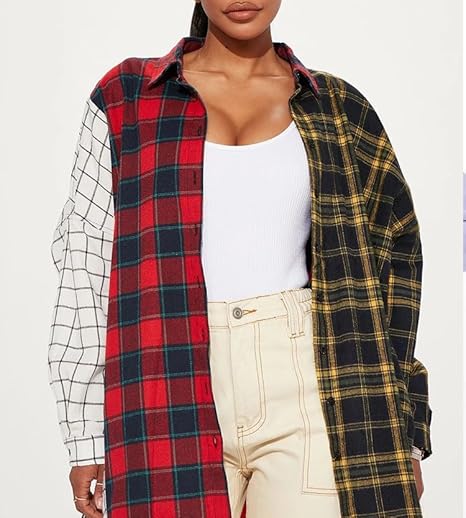 Womens Button Down Plaid Shirts Lapel Long Sleeve Oversize Blouse Fall Winter Casual Business Work Tops