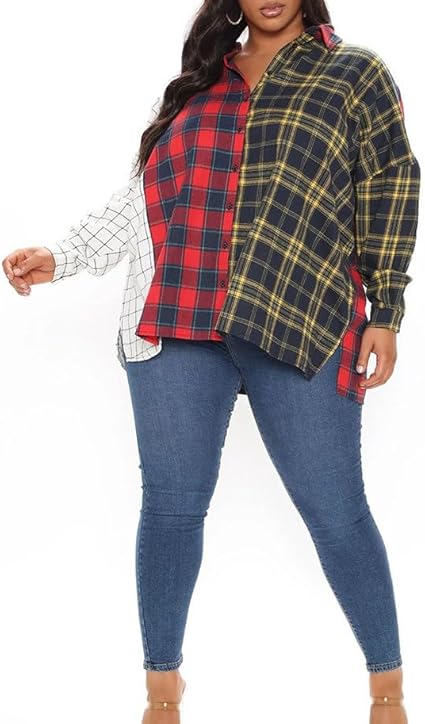 Womens Button Down Plaid Shirts Lapel Long Sleeve Oversize Blouse Fall Winter Casual Business Work Tops