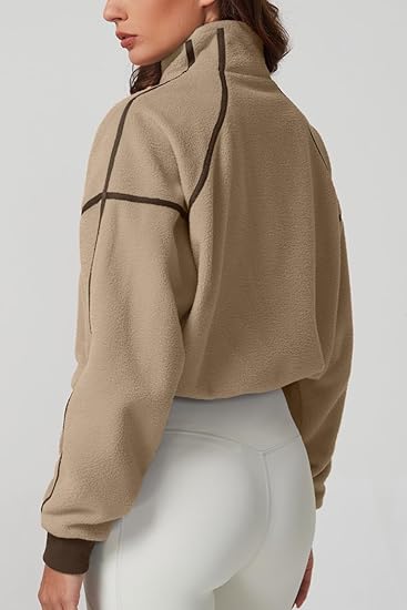 Cropped Half-Zip Fleece Pullover with Contrast Stitching
